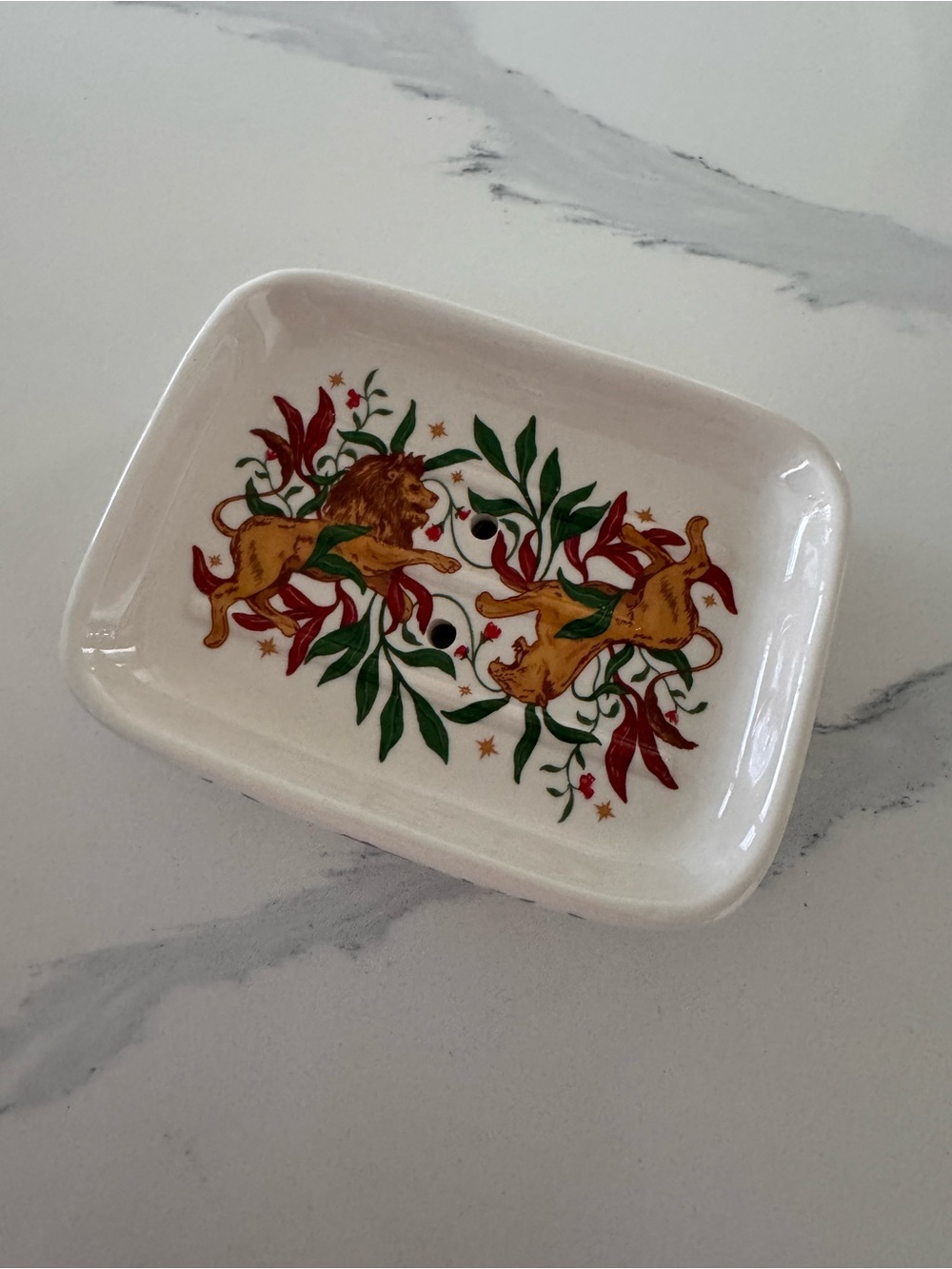 Ceramic Soap Dish with Gold Lion and Green Foliage Accent